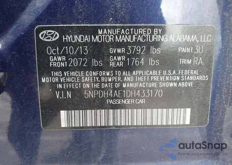 2013 Hyundai Elantra Gls из США, поврежденный, VIN 5NPDH4AE1DH433170